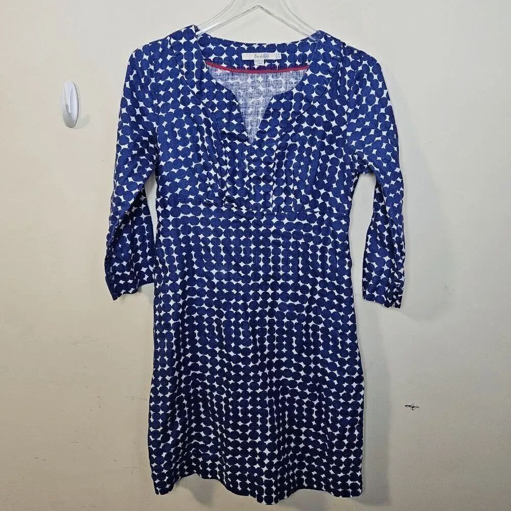 Boden 100% Linen V Neck Geometric 3/4 Sleeve Midi Tunic Dress Womens Blue and Wh